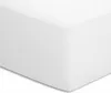 A close-up, angled view of a white fitted sheet. Produktbild-Vorschau