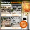 A collage of four different scenes showing the TRESKO gas heater in various outdoor and indoor settings, along with a close-up of the heater itself and promotional text. Produktbild-Vorschau