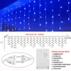 A collage of images showing blue icicle lights, a diagram of the lights with dimensions, a power plug, and a control box with lighting mode options. Produktbild-Vorschau