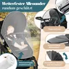 A baby in a stroller is shown with various accessories, including a rain cover and insect net. The background is a blurred outdoor scene. Produktbild-Vorschau