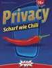 The image is a marketing image for a board game called "Privacy - Scharf wie Chili". It features the game's title prominently, along with an illustration of a red chili pepper and the game publisher's logo. Produktbild-Vorschau