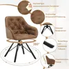 A brown swivel chair with black metal legs, shown with various feature callouts. Produktbild-Vorschau