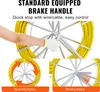 A hand wearing a white glove is holding a brake handle on a reel of yellow cable. Below are two inset images showing the cable reel in 'Operating Status' and 'Braking Status'. Náhled obrázku produktu