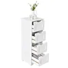 A white bathroom cabinet with four open drawers, displaying some items inside. A vase with flowers and two small decorative figures are on top of the cabinet. Náhled obrázku produktu