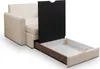 A beige armchair with its storage drawer pulled out and a black panel open, revealing the interior. Produktbild-Vorschau