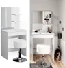 A split image showing a white vanity table with a stool and shelves, both as a standalone product shot and in a lifestyle setting with makeup. Podgląd zdjęcia produktu