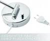 Close-up of the base of a lamp with a power cord and plug, and text overlay. Produktbild-Vorschau