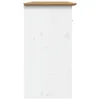 A side view of a white wooden sideboard with a brown top. Podgląd zdjęcia produktu