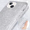 Close-up of a silver glitter phone case on a light gray and white background. Produktbild-Vorschau