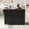 A black kitchen island with a wooden countertop is shown in a modern kitchen setting. Produktbild-Vorschau