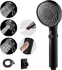 A collage of images showing a black shower head and its features, including different spray patterns, a hand holding the shower head, and accessories like a hose and wall mount. Produktbild-Vorschau