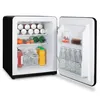 An open mini-fridge stocked with drinks and snacks. Produktbild-Vorschau