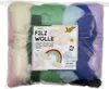 A package of colorful wool for felting, with a label showing a rainbow and clouds. Produktbild-Vorschau