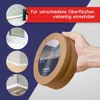 A hand holding a roll of self-adhesive skirting board, with inset images showing its application in different areas of a home. Produktbild-Vorschau