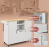 A kitchen cart with a wooden top and white cabinets, shown in a room with a living area in the background. The image highlights specific features of the cart with overlay text and inset images. Voir les images du produit