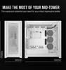 Marketing image showing a white mid-tower computer case with dimensions. Produktbild-Vorschau