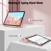The image shows an iPad case in two different stand modes: viewing and typing. The case is rose gold and has a transparent back. The background is a soft pink curtain and white pedestals. Produktbild-Vorschau