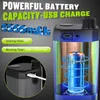 A cutaway view of a portable shower pump showing its internal battery and charging port, with marketing text highlighting its features. Produktbild-Vorschau