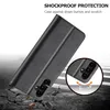 A black flip phone case is shown with a close-up inset highlighting the camera area and impact protection. Produktbild-Vorschau