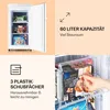 A collage of images showing a white retro-style freezer with its door open, highlighting its interior and capacity, along with text overlays describing its features. Produktbild-Vorschau