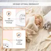 A sleeping baby is covered with a blanket on a bed, with marketing overlays highlighting product features. Produktbild-Vorschau