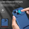 A hand is shown holding a blue phone case with a sliding camera cover. Text overlays describe the product's features. Produktbild-Vorschau