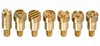 A set of seven brass brandmalkolben (wood burning pen) tips with different patterns, arranged in a row against a white background. Podgląd zdjęcia produktu