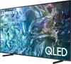 A Samsung QLED Smart TV is shown from a side angle, displaying a colorful abstract image on its screen. Produktbild-Vorschau