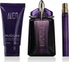 A set of three Thierry Mugler Alien perfume products, including a body lotion, a perfume bottle, and a travel-sized spray, are displayed against a white background. Voir les images du produit