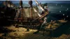 A pirate ship docked at a wooden pier at dusk, with several figures on the pier. Produktbild-Vorschau
