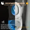A split image showing a toilet seat with a blue light on in the dark on the left, and the toilet seat closed in the light on the right. Náhled obrázku produktu