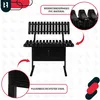 A black metal bench with a backrest and storage box, presented with feature callouts. Produktbild-Vorschau
