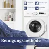 A living room setting with a blue armchair and ottoman in the foreground, and a white washing machine in the background. Icons and text related to cleaning methods are displayed above the washing machine. Produktbild-Vorschau