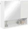 A white bathroom cabinet with a mirror and a shelf below, containing decorative items. Náhľad obrázku produktu