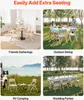 Collage of four images showing folding chairs and tables in different settings: indoors, outdoors dining, RV camping, and a wedding party. Podgląd zdjęcia produktu