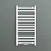 A white towel radiator mounted on a gray wall. Produktbild-Vorschau
