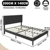 A diagram of a black upholstered bed frame with dimensions and specifications. Náhled obrázku produktu