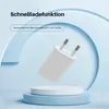 A white USB charger adapter is displayed on a minimalist stage with blue and white elements, against a light blue background. Produktbild-Vorschau