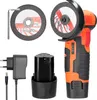 A set of tools including an angle grinder, battery, charger, and spare cutting discs, laid out on a white background. Podgląd zdjęcia produktu