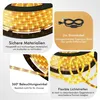 Collage of images showing a yellow LED light strip product with descriptive text overlays. Produktbild-Vorschau