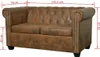 A brown faux leather chesterfield sofa with dimension labels. Produktbild-Vorschau