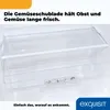 An interior view of a refrigerator's crisper drawer with text overlays. Produktbild-Vorschau