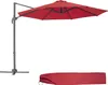 A red cantilever umbrella and its cover are shown against a white background. Produktbild-Vorschau