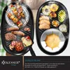 A split image showing two different ways to use a Kesser 2-in-1 grill: one side with a raclette grill and the other with a grill plate and fondue. Produktbild-Vorschau