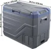 A gray and blue portable refrigerator with dimensions indicated by measurement lines and text. Produktbild-Vorschau
