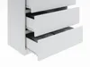 A close-up view of a white chest of drawers with three drawers, two of which are partially open, revealing gray contents inside. Produktbild-Vorschau