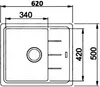 A top-down technical drawing of a kitchen sink with dimensions indicated. Produktbild-Vorschau
