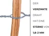 A close-up of a galvanized wire securing a wooden post, with German text describing the wire's strength. Produktbild-Vorschau