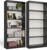 Two tall, narrow bookshelves are shown side-by-side against a white background. The left bookshelf is filled with various items, including books, decorative boxes, and a potted plant. The right bookshelf is empty, showing its interior shelves. Voir les images du produit