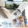 A family and their dog are shown in a living room, with a car interior and a vacuum cleaner superimposed. Produktbild-Vorschau
